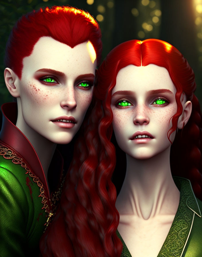 Fantasy style art of two figures with green eyes and red hair in a shadowy forest.