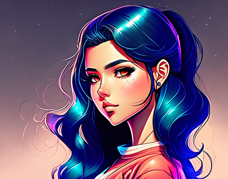 Vibrant blue-haired woman against cosmic backdrop with warm and cool tones