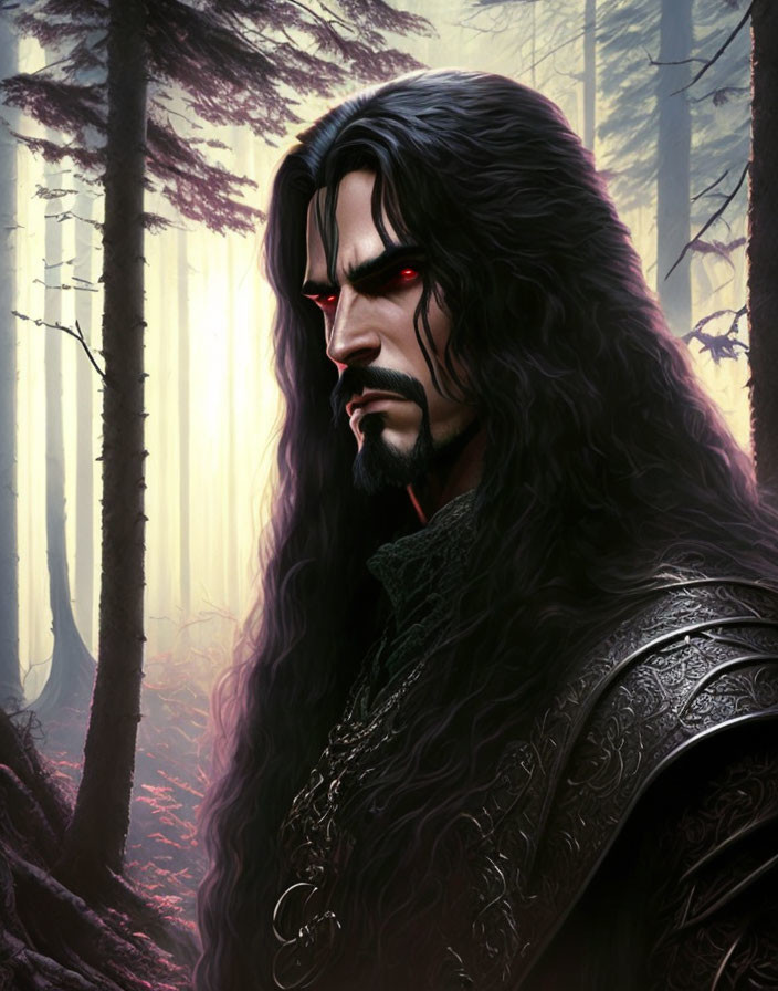 Dark-haired man in ornate armor with red eyes in misty forest