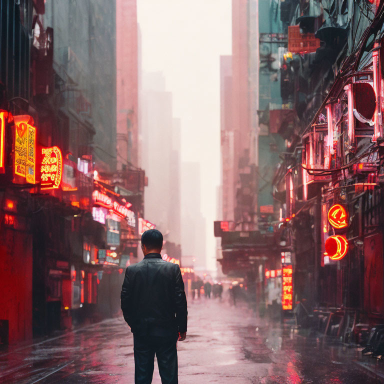 Person in misty urban alley with red neon signs.