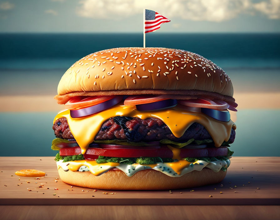 Cheeseburger with American flag on wooden surface by beach