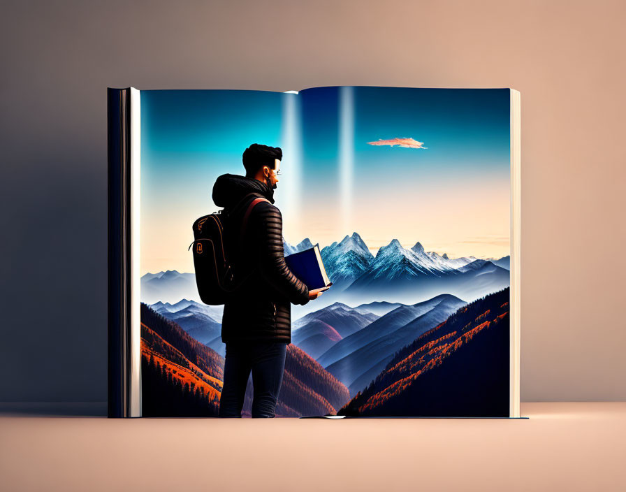 Person with backpack in front of open book with mountain landscape pages