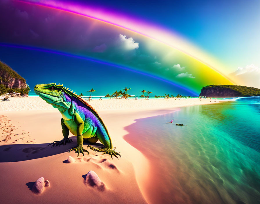 Colorful iguana on beach with rainbow, clear waters, sunny sky, tropical huts.