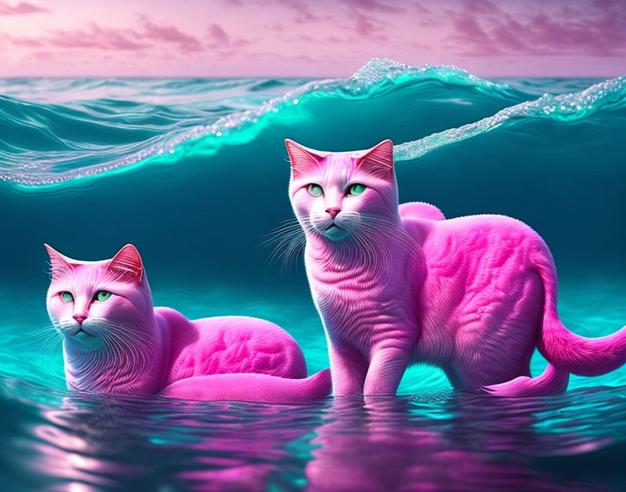 Vibrant pink cats with green eyes on surreal ocean backdrop