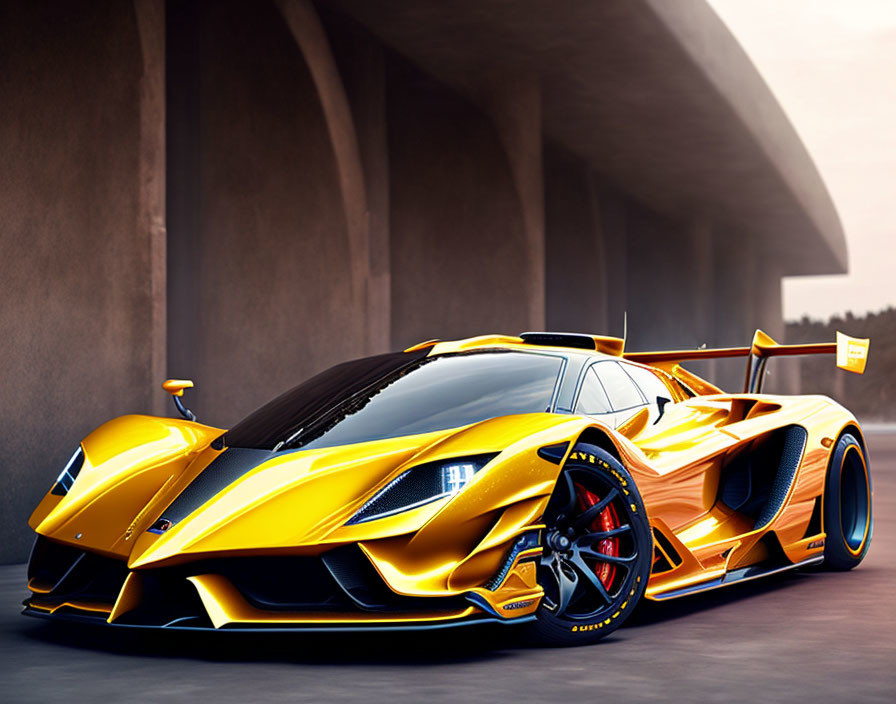 Yellow Sports Car with Aerodynamic Design and Black Accents Parked Under Bridge