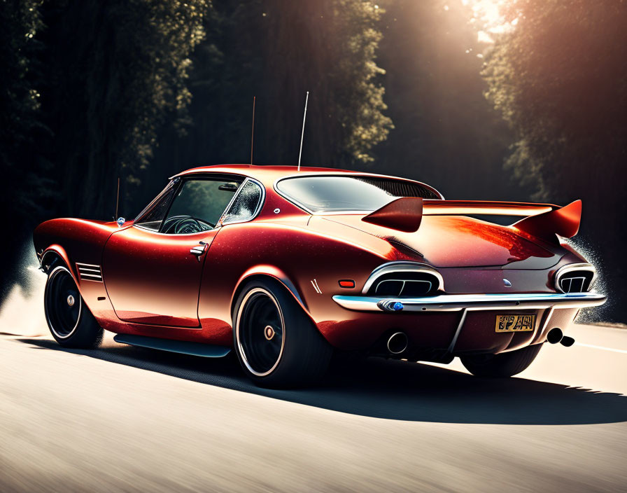 Vintage Red Sports Car Driving on Sunlit Forest Road