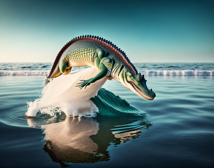 Mythical hybrid creature with alligator body and dinosaur spines riding a wave