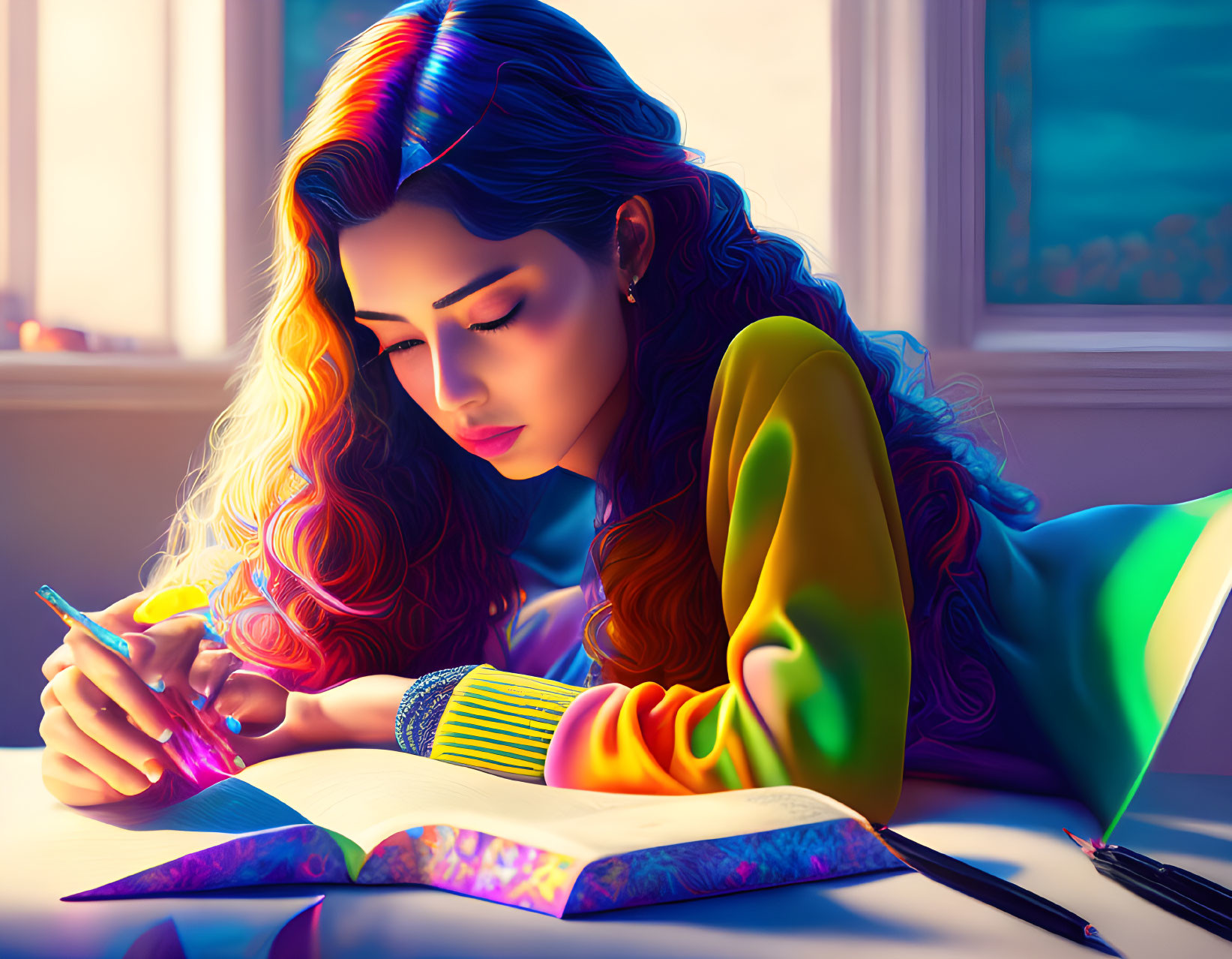 Colorful Illustration of Young Woman Writing in Prism-Lit Room