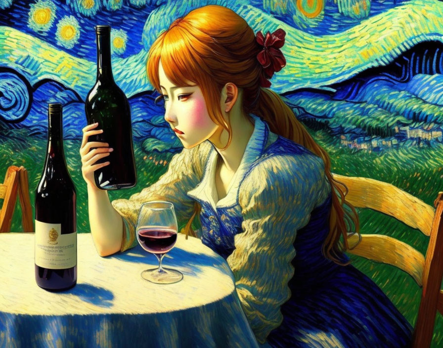 Illustration of red-haired woman with wine bottle at table in Van Gogh-style background