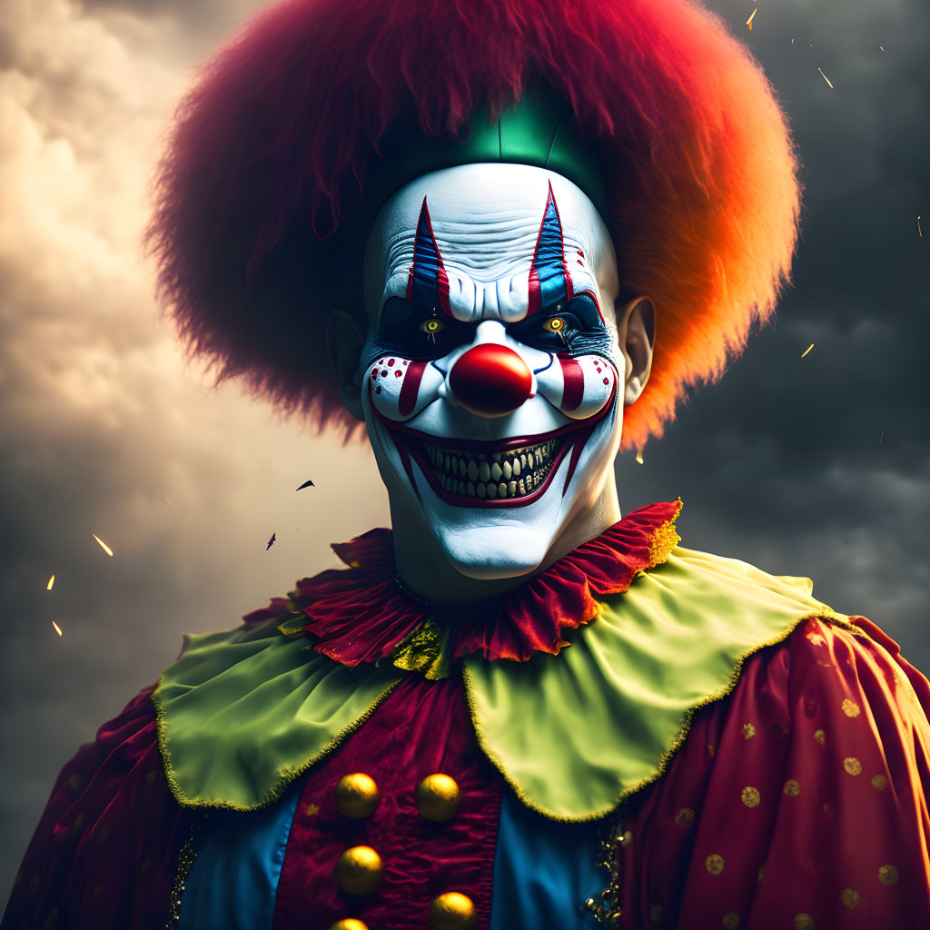 Colorful clown with red wig and eerie grin in stormy sky.