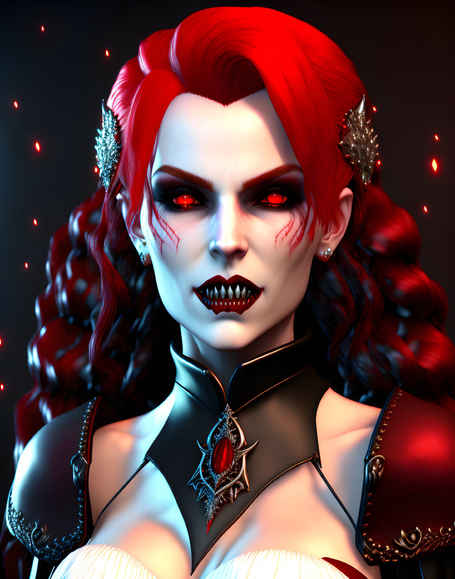 Female vampire digital portrait: red hair, pale skin, fangs, gothic attire, red gem