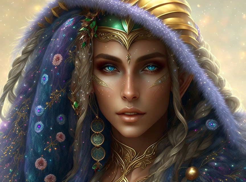 Mystical woman with cosmic-themed hair and gold facial adornments