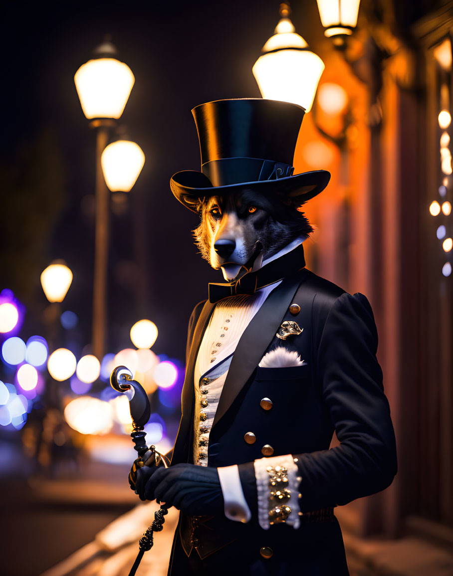 Dog with human body in tuxedo and top hat, holding cane, on city street at night