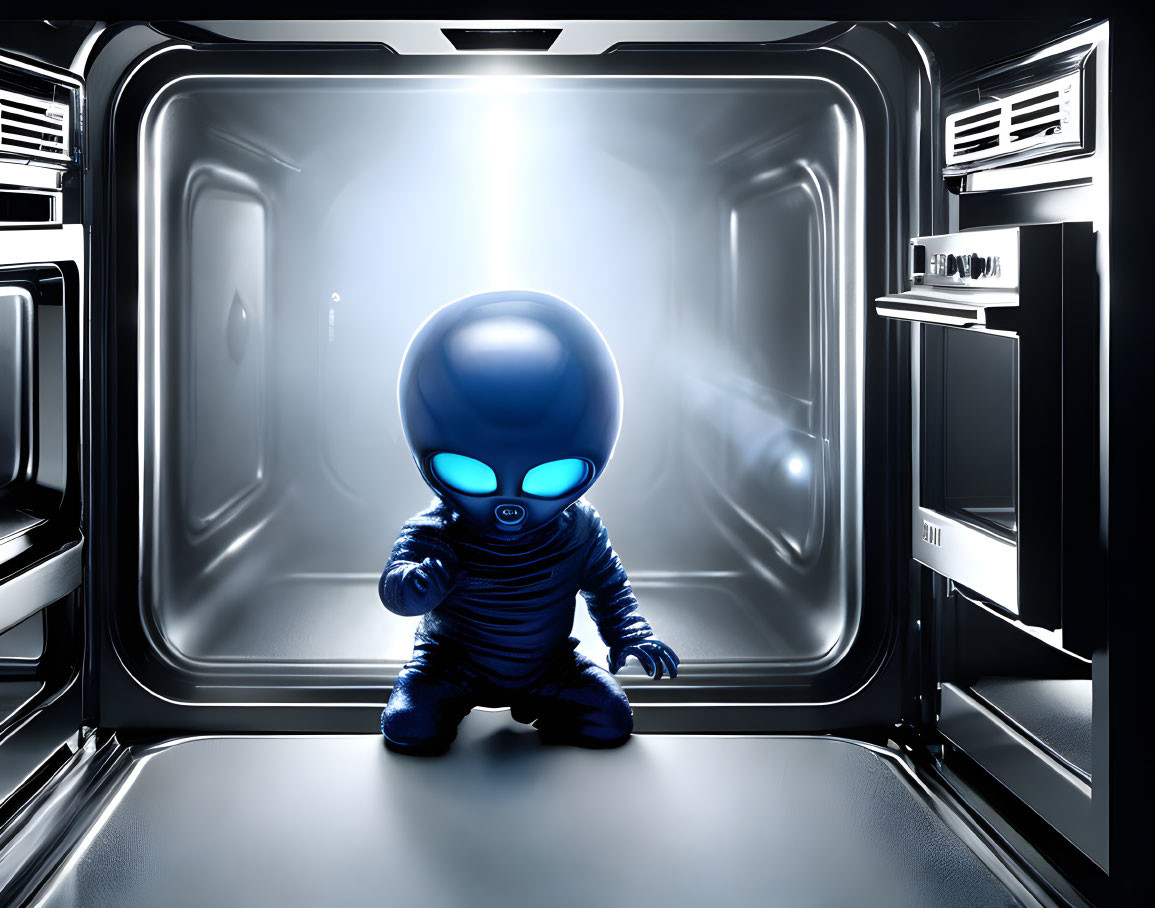 Blue alien with big eyes in futuristic metallic room.