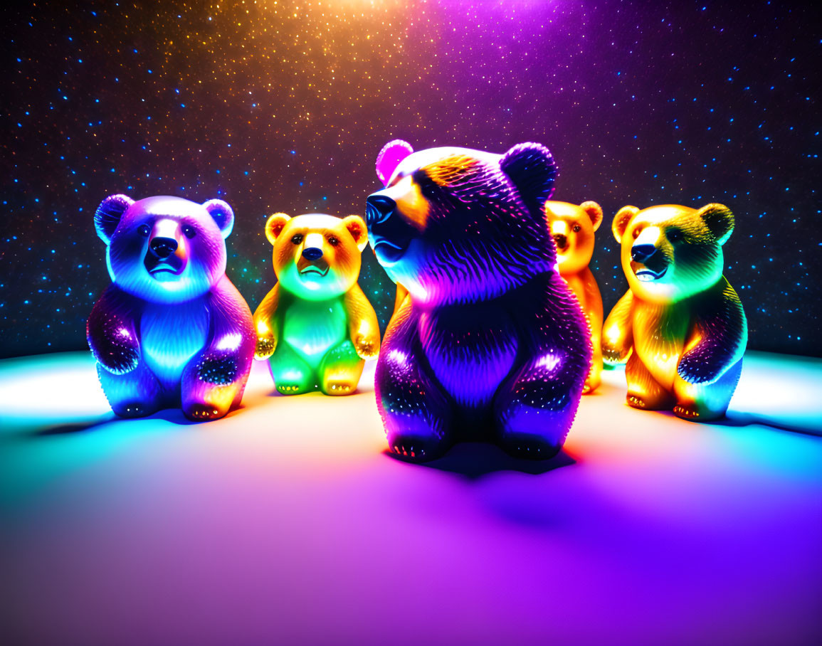 Vibrant illuminated bear figurines under starry neon lights