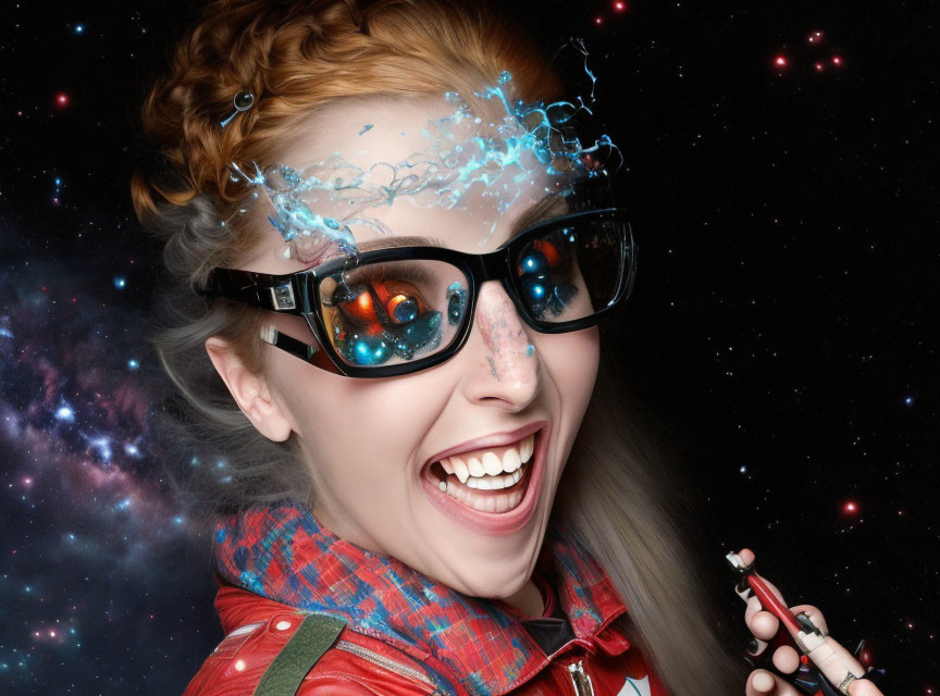 Red-haired woman in futuristic glasses with space reflections and digital water splash pose.