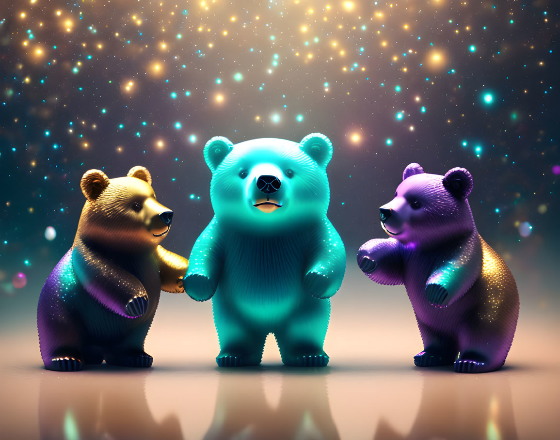 Stylized colorful bears against cosmic starry backdrop