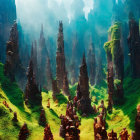 Enigmatic forest with towering rocks, vibrant greenery, and cloaked figure