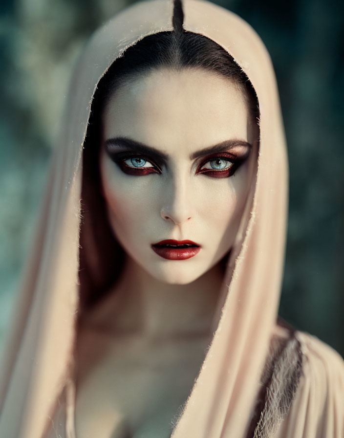 Woman with dramatic red eyeshadow and dark lipstick in hooded garment gazes intensely.