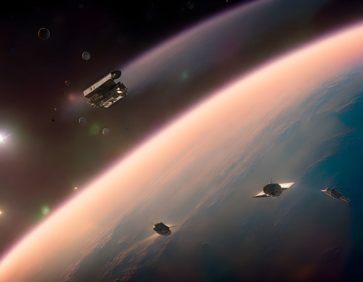 Soothing space scene with satellite, spacecraft, and planet orbiting.