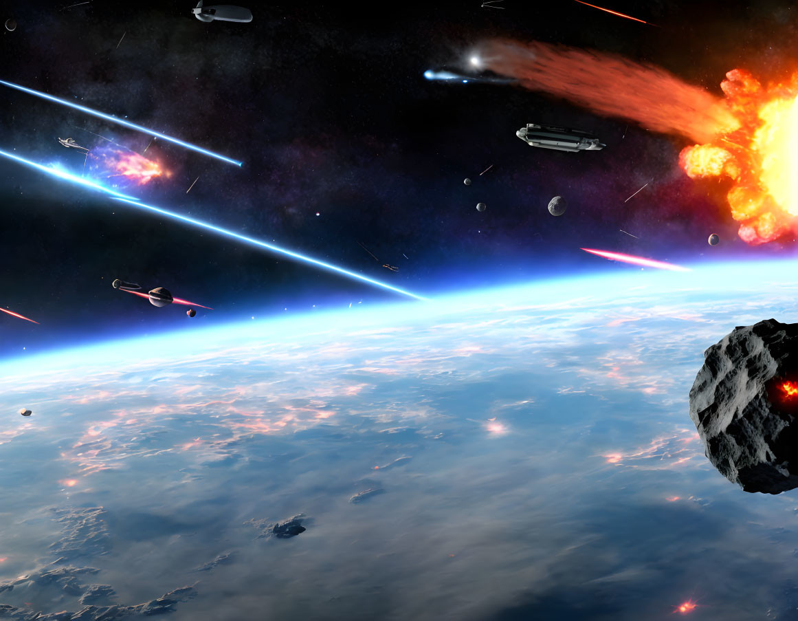 Vibrant space battle scene with spacecraft and explosions