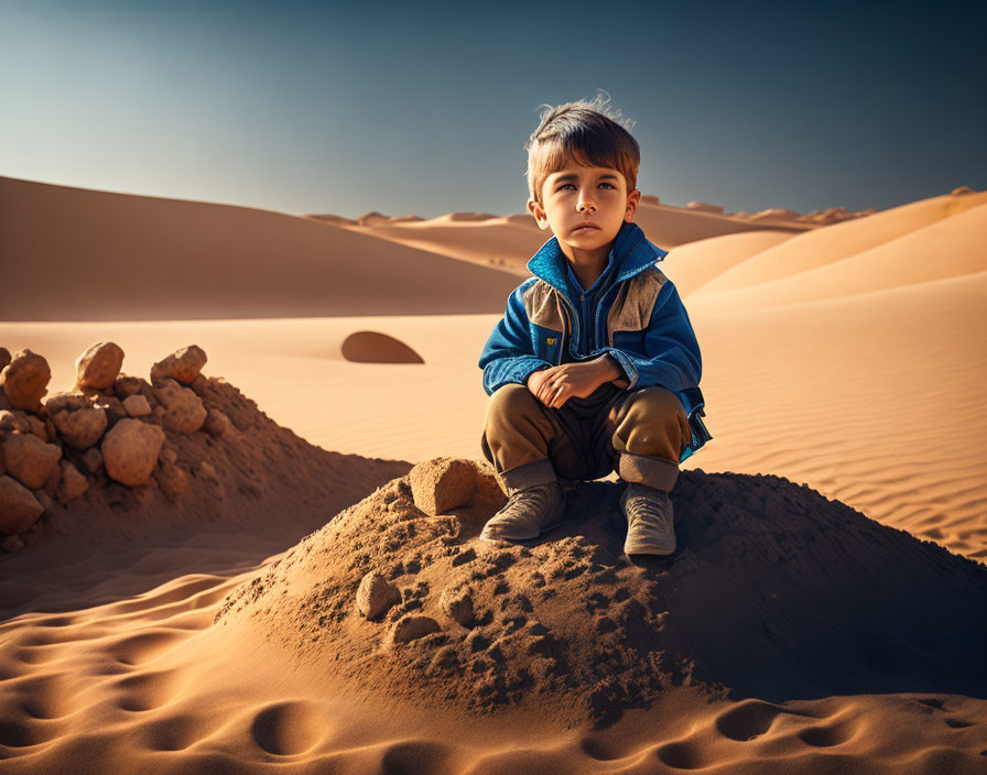 Young boy in blue jacket sitting on sand mound in desert with dunes and clear sky