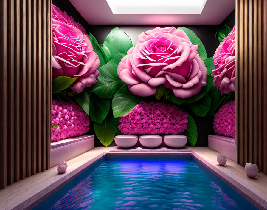 Luxurious Indoor Pool with Pink Floral Murals and Wooden Accents