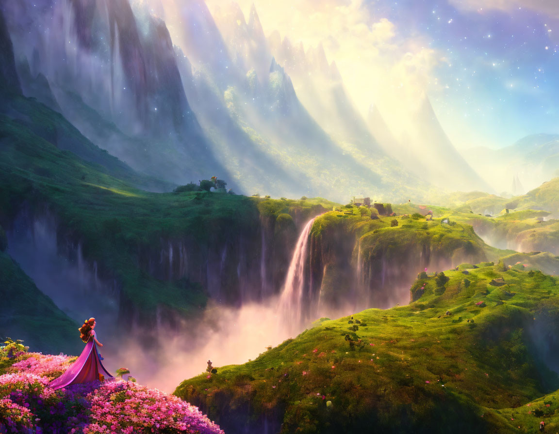 Fantasy landscape with waterfall, person, vibrant flora, misty mountains, starry sky