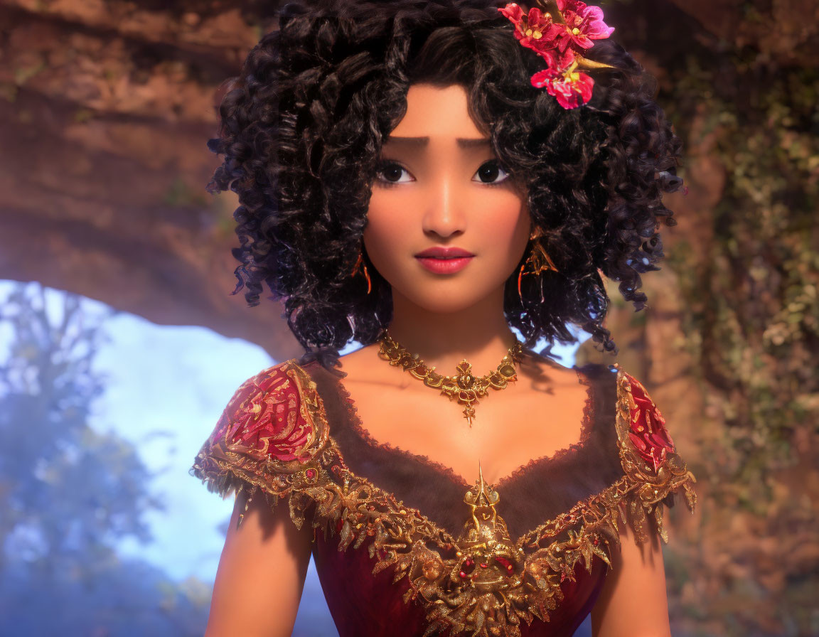 Curly-Haired Animated Character in Red and Gold Dress with Floral Hairpin and Gold Jewelry