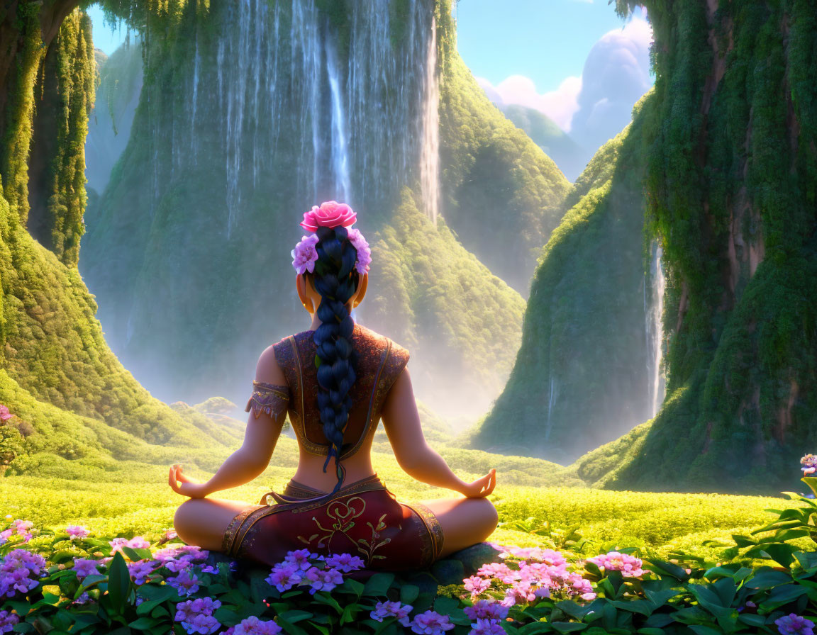 Tranquil garden meditation with waterfalls and vibrant flora