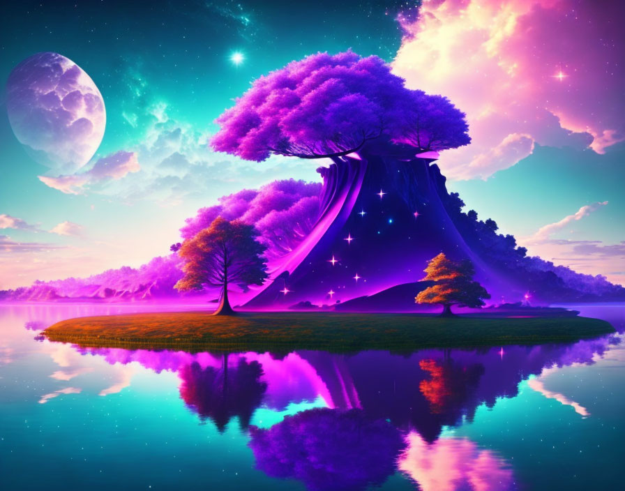 Vibrant Trees on Island Reflecting in Water with Purple Sky