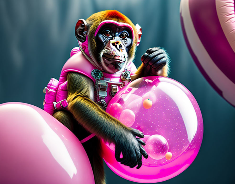 Monkey in Pink Astronaut Suit Surrounded by Stars and Balloons