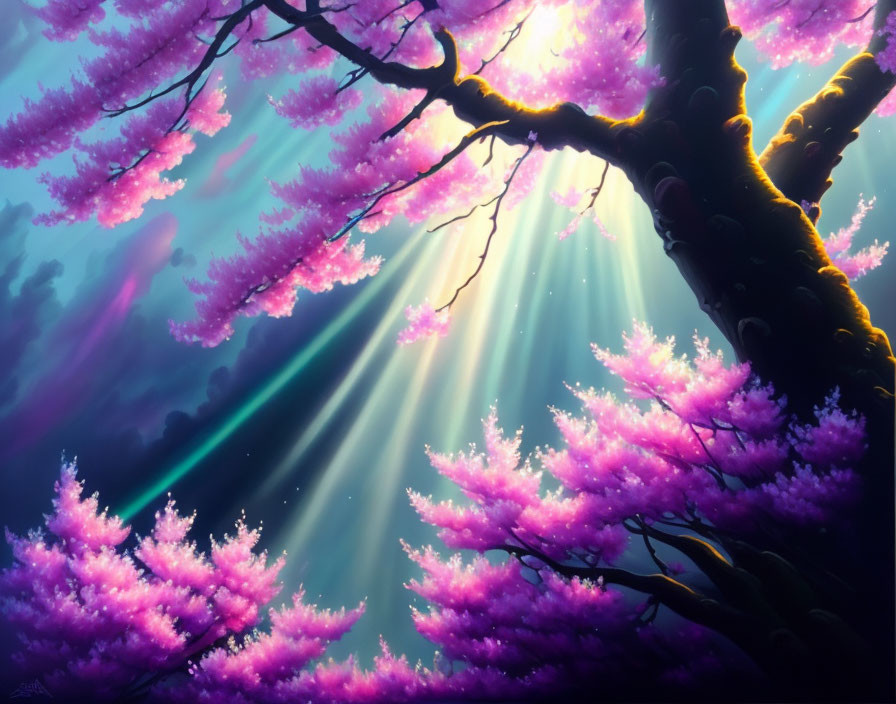 Blossoming cherry tree with pink flowers in ethereal forest landscape