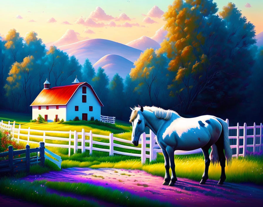 Colorful Landscape with White Horse, Red Barn, and Rolling Hills