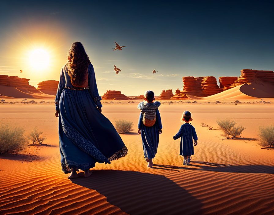 Woman and children walking in desert at sunset with dramatic rock formations and birds.