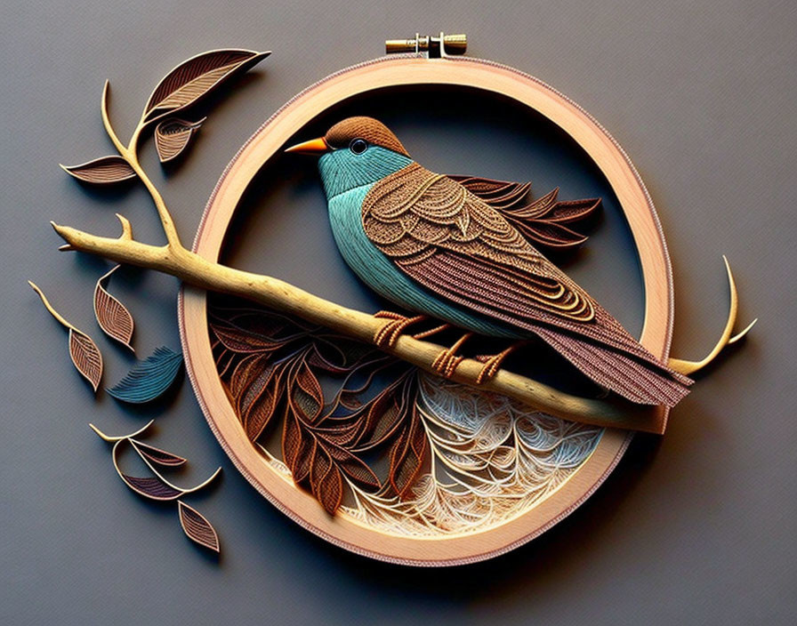 Detailed 3D paper bird art in embroidery hoop with feather and leaf motifs