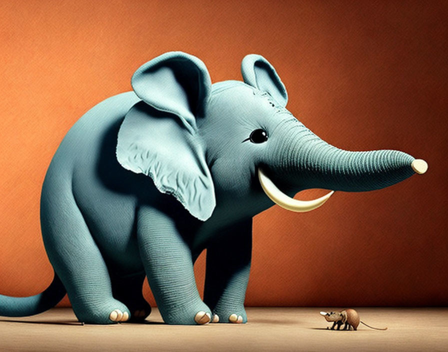 Stylized blue cartoon elephant startled by tiny brown mouse on orange backdrop