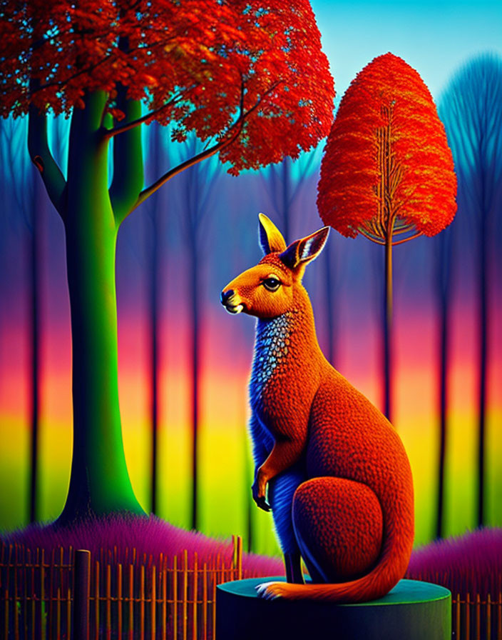 Colorful Kangaroo Artwork in Fantasy Forest with Gradient Sky