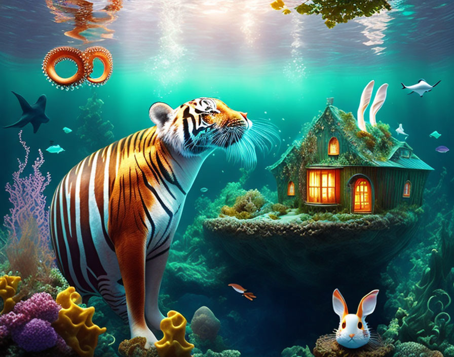 Colorful Underwater Scene with Tiger, Shark, and Rabbit