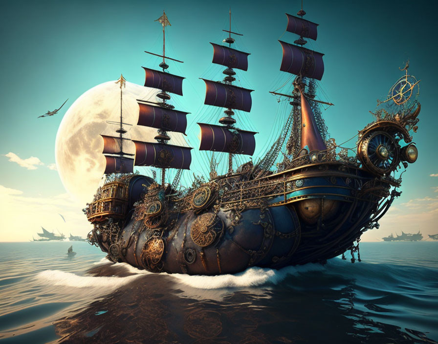 Ornate fantasy ship sailing under large moon