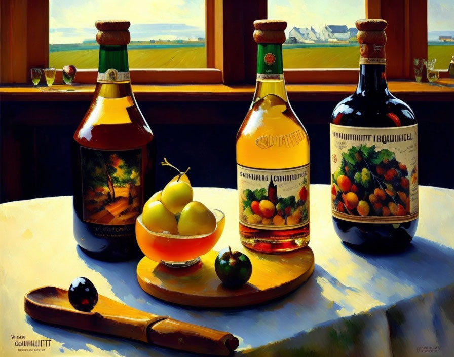 Still Life Painting: Three Bottles, Knife, Wooden Bowl, Citrus Fruit, and Landscape with