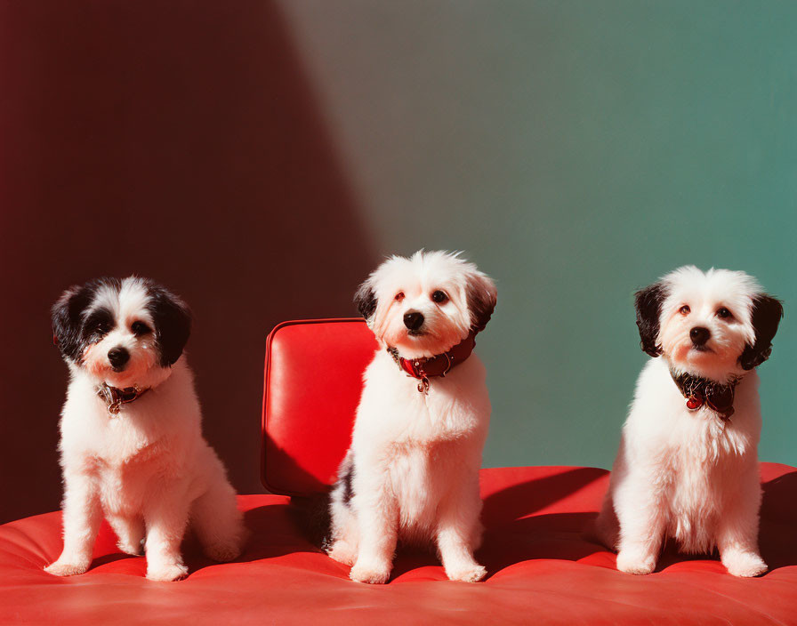 Three White Dogs with Black Markings on Red Sofa Against Teal and Maroon Background