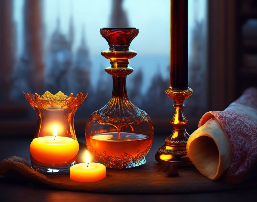 Decorative candle, glass bottle, candlesticks, scroll in cozy setting