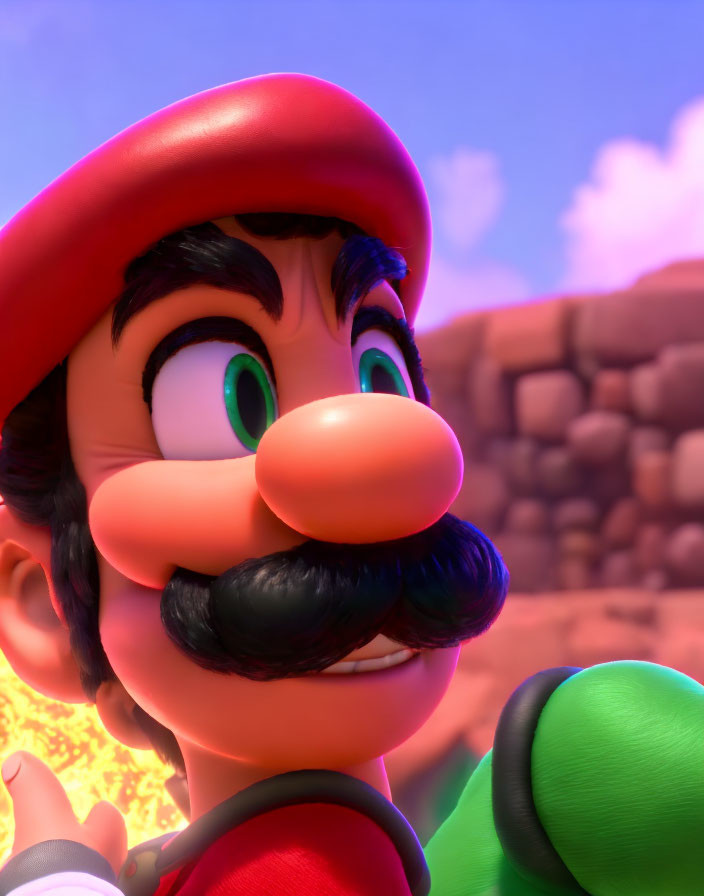 Detailed 3D-animated Mario with red hat and black mustache in desert backdrop