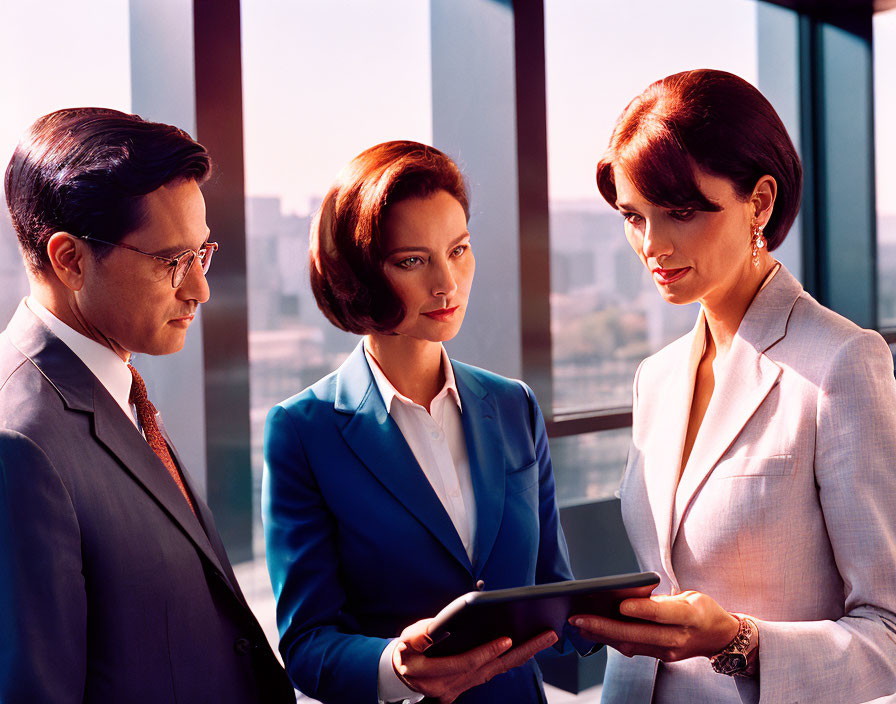 Office Scene: Man and Two Women, Women Engaged with Tablet