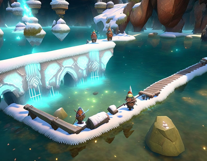 Winter-themed video game landscape with characters near ice-covered bridge