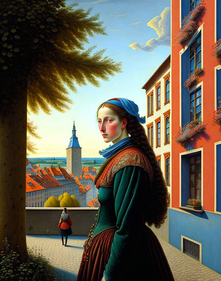 Historical woman on balcony overlooking quaint town and figure below