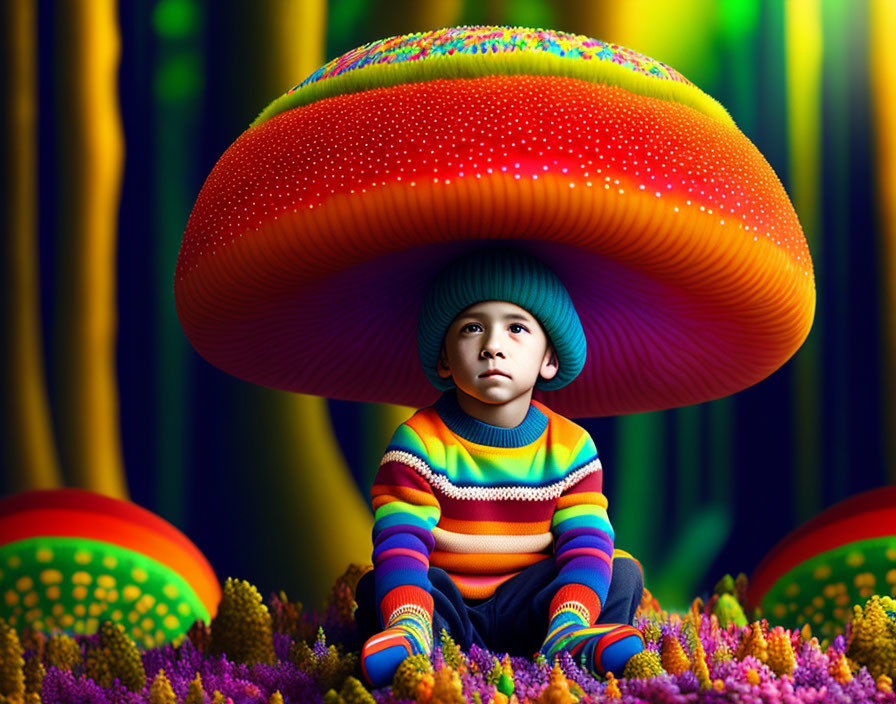 Child in Colorful Striped Sweater Under Giant Mushroom in Fantasy Forest