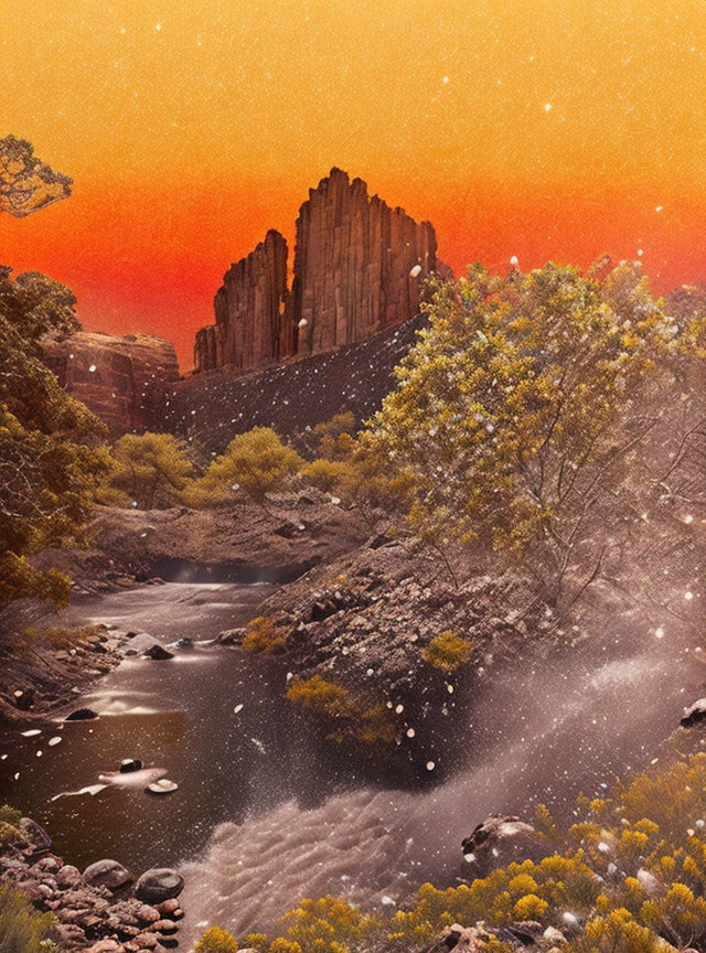 Majestic rock formation under orange sky with river and snowflakes