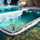 Winter-themed video game landscape with characters near ice-covered bridge